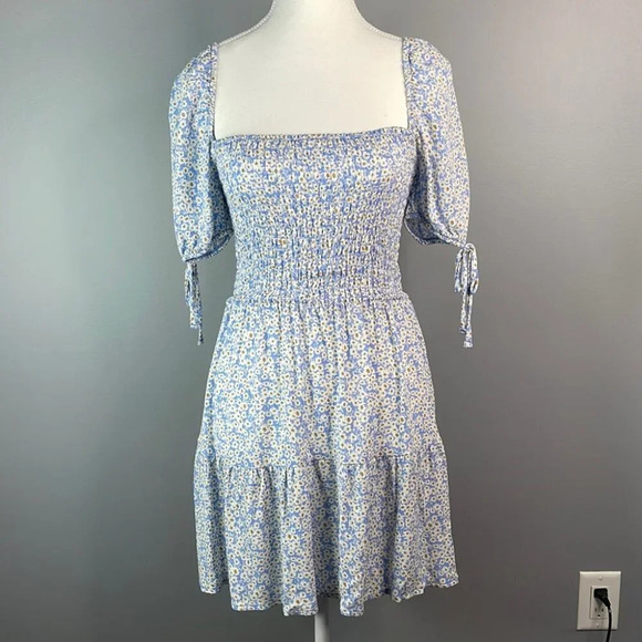 AEROPOSTALE Y2K Floral Mini Dress Blue Tier Off The Shoulder Smock Ditsy S - Picture 11 of 11